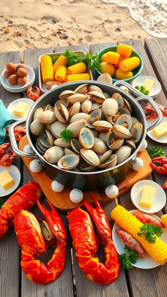 A traditional clam bake with clams, lobsters, corn, and potatoes on a beachside table.